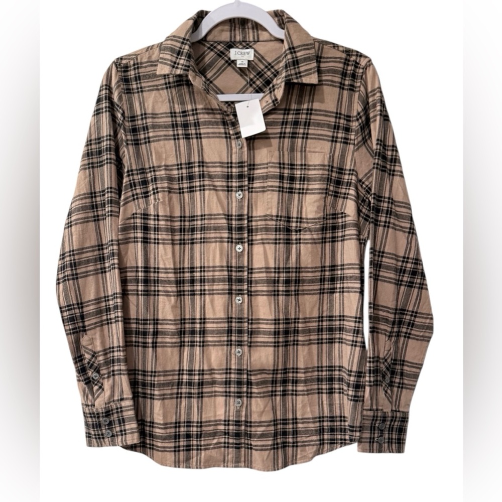 NWT J. Crew women’s Small long sleeve button up plaid tan & black flannel